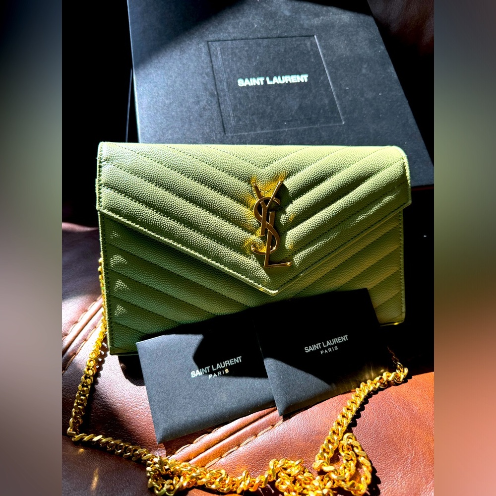 AUTHENTIC: Saint Laurent (YSL) small quilted cross body bag (sage green)